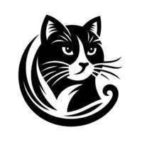 Stylized Black and White Cat Portrait in a Circular Frame, Emphasizing Graceful Lines and a Playful Expression vector