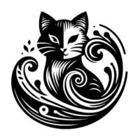 A stylized black and white illustration of a splitfaced cat surrounded by swirling decorative elements, showcasing contrast and balance. vector