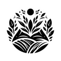 Stylized Black and White Circular Illustration Featuring Fields, Plants, and a Sun vector