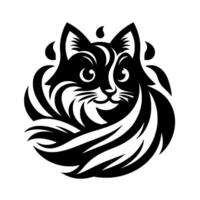 Striking Black and White Stylized Cat Design, Circular Composition, Elegant Swirls, Whiskers and Playful Expression vector