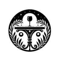 Elegant Monochromatic Wine Glass on Ornate Table within Circular Laurel Wreath, Starry Night Backdrop, Stylized Illustration. vector