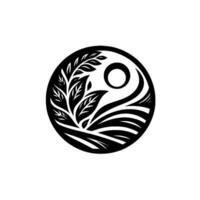 A stylized YinYang illustration a plants symmetry with a moon, featuring leaves, landscape, and a blackandwhite artistic circle design. vector