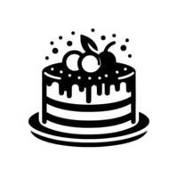 Black and White Illustration of a Layered Cake with Cherry and Drizzle Decoration, Set on a Plate with Decorative Dots vector
