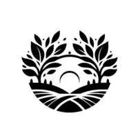 Symmetrical Black and White Logo Two Trees with Lush Leaves Arching Over a Crescent Moon Above Fields. vector