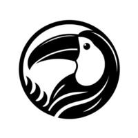 A stylized black and white toucan bird illustration within a circular frame, featuring sharp contrast, smooth gradients and a minimalist aesthetic. vector