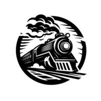 Black and white stylized illustration of a vintage steam train with smoke, inside a circular frame, on railway tracks. vector