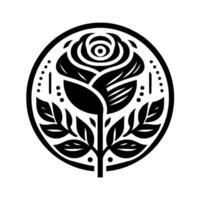 Elegant Black and White Floral Crest Stylized Rose Within a Circular Frame, Embellished with Decorative Details vector