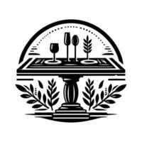 Stylized Black and White Dining Icon Elegant Table with Place Settings, Floral Embellishments, and a Rounded Decorative Frame. vector