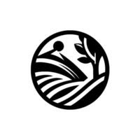 Circular Black and White Farm with Fields, Tree, and Symbolic Sun or Grain, Modern Design. vector
