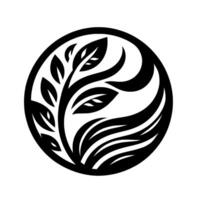 Black and white circular illustration featuring stylized plant growth with leaves and curved shapes, symbolizing nature within. vector