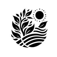 Stylized Black White Nature Depicting a Tree Emerging from a Field Under a Dotted Sun, in a Circular Arrangement. vector
