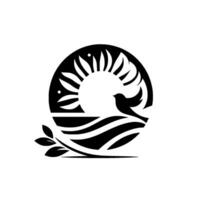Circular black and white featuring a stylized bird perched amidst a sunburst, waves, and a branch with leaves, conveying nature and peace. vector