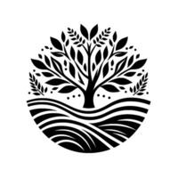 Black and white minimalist emblem featuring a stylized tree, flowing fields, and a circular symbolizing nature and growth. vector