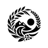 Black and White Circular Emblem Mountains, Wave, Sun, and Laurel Wreath, Representing Natures Harmony and Serenity. vector