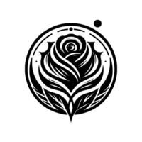 Intricate, stylized monochrome illustration featuring a rose emblem enclosed in a circular frame, with delicate details and leaves. vector