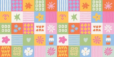 Colorful bauhaus checkered seamless pattern with abstract shapes, patchwork pattern for nursery wallpaper, textile prints, backgrounds, packaging, wrapping paper, etc. EPS 10 vector