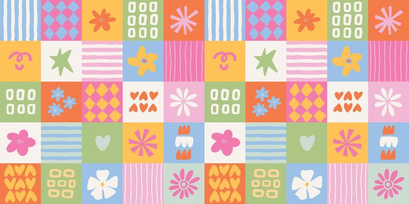 Colorful bauhaus checkered seamless pattern with abstract shapes, patchwork pattern for nursery wallpaper, textile prints, backgrounds, packaging, wrapping paper, etc. EPS 10