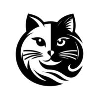 Black and White Cat Head Logo DualToned Feline with Split Face, Whiskers, Ears, and a Simple, Clean Aesthetic. vector