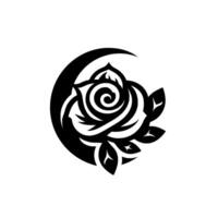 Black and white stylized rose emblem within a crescent moon shape, creating a symmetrical and elegant floral design. vector
