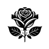 A stylized, monochromatic illustration of a rose, rendered with bold black outlines and negative space, blooming centrally on a clean white background. vector