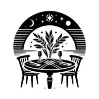Romantic Nighttime Dining Under the Stars Monochromatic Illustration of a Table, Chairs, and Botanical Centerpiece vector