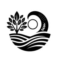 Monochromatic Illustration Stylized Tree, Circle, Wavy Landscape, and Wavelike Element, Creating a Balanced, NatureInspired Design. vector