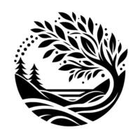 Stylized Black and White Round Landscape with a Tree, Mountains, Water, and Pine Trees, Minimalist Design. vector
