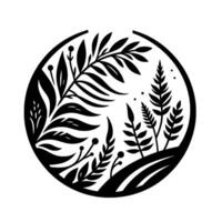Intricate Black and White Botanical Illustration A Circle Framed of Leaves, Ferns, and Delicate Flora Elements. vector