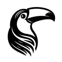 A striking, illustration of a toucan head, presented in monochromatic tones, focusing on its iconic beak and eye, against a white background. vector