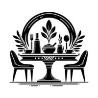 Elegant Monochrome Dining Scene A Table Set for Two with NatureInspired Decor and a Symbolic Arch vector