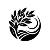 Stylized black and white nature emblem depicting a tree with leaves set within a circle with stylized landscape and crescent moon. vector