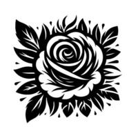 Black and White Rose Floral Arrangement with Stylized Petals and Leaves, Isolated on a White Background. vector