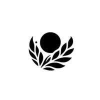 Stylized Black Sphere Encircled by Leafy Elements on White, Symbolic Composition, Monochromatic Design. vector
