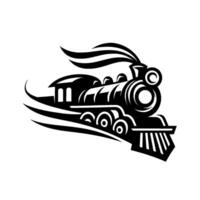 A stylized black and white illustration of a vintage steam locomotive in motion, with billowing smoke, creating a sense of speed. vector