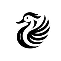 Minimalist stylized black and white duck logo, curved neck, layered feathers, simple on clean white background, business branding concept. vector