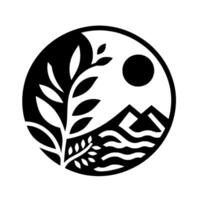 Yin YangInspired Circular Featuring a Tree, Mountains, Sun, and Water in a Simple Black and White Design. vector