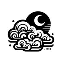 Stylized Black and White Illustration of Swirling Clouds, Crescent Moon, and Subtle Starburst Elements, Creating a Dreamy Nightscape. vector