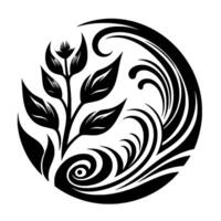 Symbolic Black and White Circular Floral Illustration Featuring a Detailed Plant with Leaves Intertwined with Stylized Wave Patterns. vector