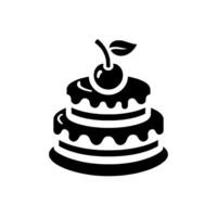 Minimalist Black White Cake Silhouette with Two Tiers, Chocolate Frosting, and Cherry Topping on White Background. vector