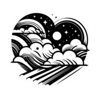 Stylized Black and White Illustration of a HeartShaped Sky with Clouds, Rainbows, Stars, Moon, and Fields. vector