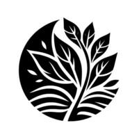 A black and white minimalist featuring a stylized plant within a circle, composed of leaves, branches, and a naturalistic with a flat, appearance. vector