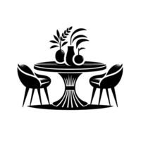 Minimalist Black and White Illustration Round Table with Plants in Vases and Two Modern Chairs, Design. vector