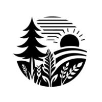 Stylized Black and White Nature Scene Pine Tree, Wheat, Sun, and Horizon in a Circular Composition. vector