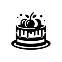 Elegant Black and White Illustration of a Layered Cake with Cherry Garnish, Dripping Icing, and Minimalist on a White Background. vector