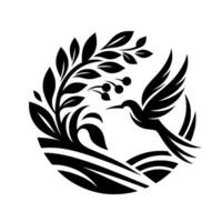 Elegant black and white illustration of a hummingbird in flight near a bush with berries, set within a circular frame, symbolizing natures grace. vector