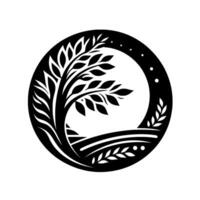 Intricate black and white circular artwork featuring a stylized tree with leaves and stylized landscape elements within a circle. vector