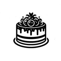 Monochromatic, circular layer cake illustration with cascading glaze, topped with stylized spherical fruit and leaf. vector