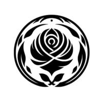Black and white stylized floral emblem, a rose composed of concentric petals, encircled by leafy in a circular composition. vector