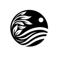 A minimalist black and white circular featuring a stylized plant with leaves, water waves, and a moon, representing natures serenity. vector
