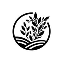 Minimalist Black and White Illustration Foliage within a Circular Frame, featuring a stylized tree growing from striped terrain. vector